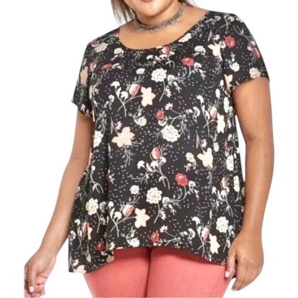 Torrid Black Floral Polka Dot Georgette Scoop Neck Babydoll Blouse Top Size 2